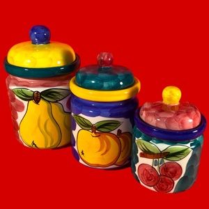 TABLETOPS UNLIMITED FRUITA DE ROMA CANISTERS. SET OF 3 COFFEE, TEA AND SUGAR SET